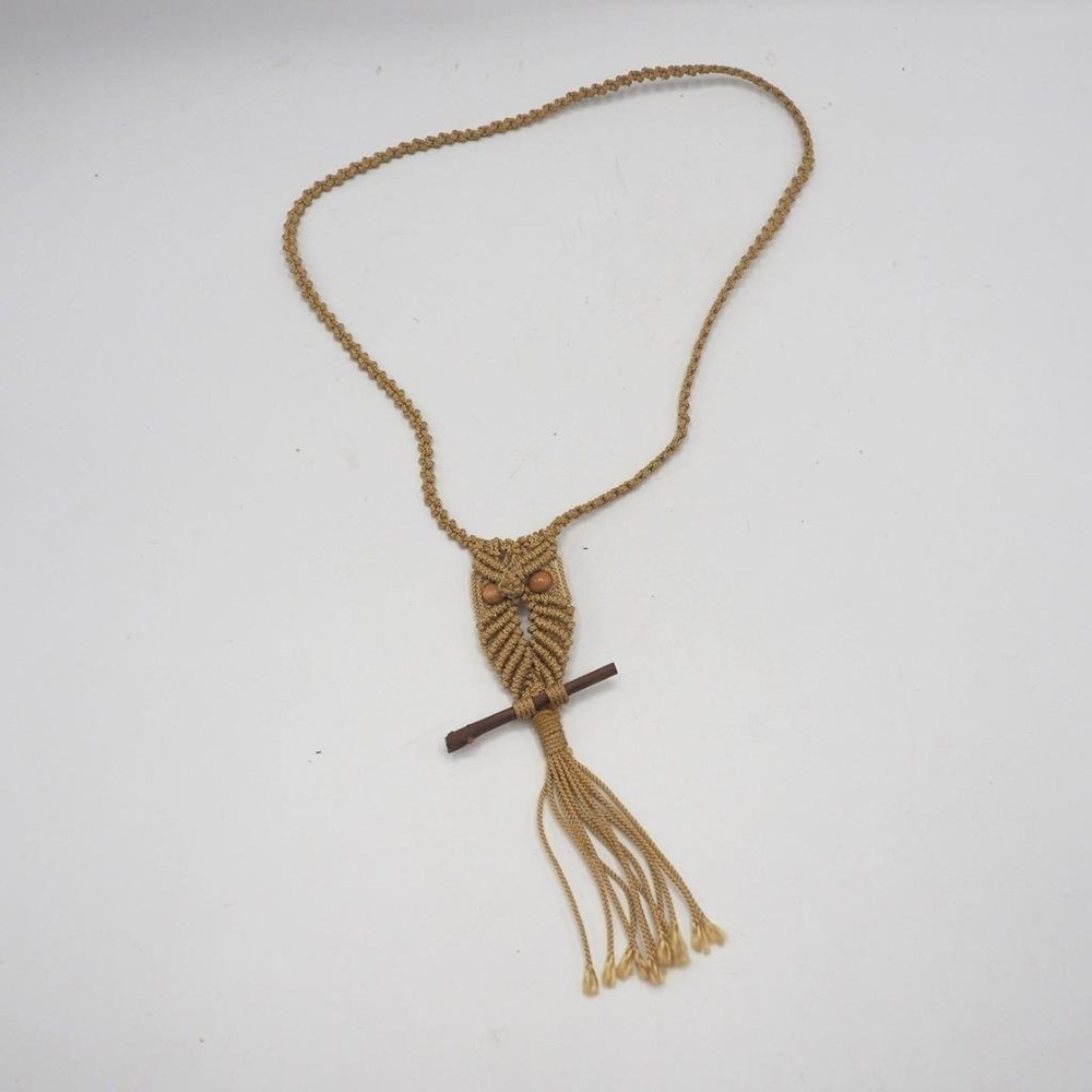 Handmade Owl Macrame Necklace Statement Pendant Boho Tan Wood Bead Tassel Fringe